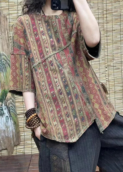 Red Print Asymmetrical Patchwork Cotton T Shirt Top Summer