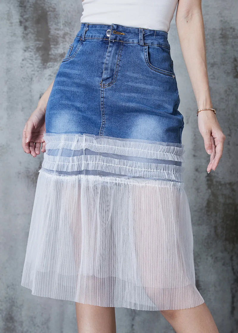 Denim Blue Ruffled Patchwork Tulle Skirt Summer