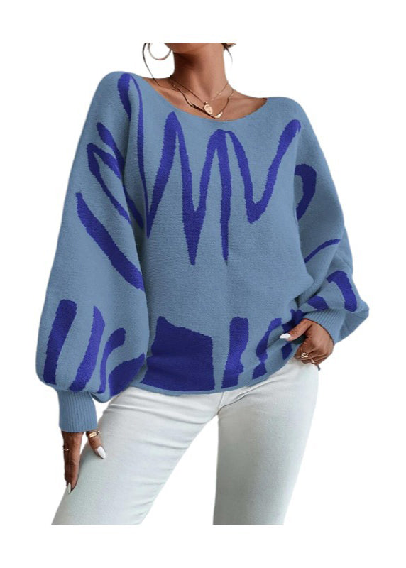 Blue Slash Neck Knit Sweaters Lantern Sleeve