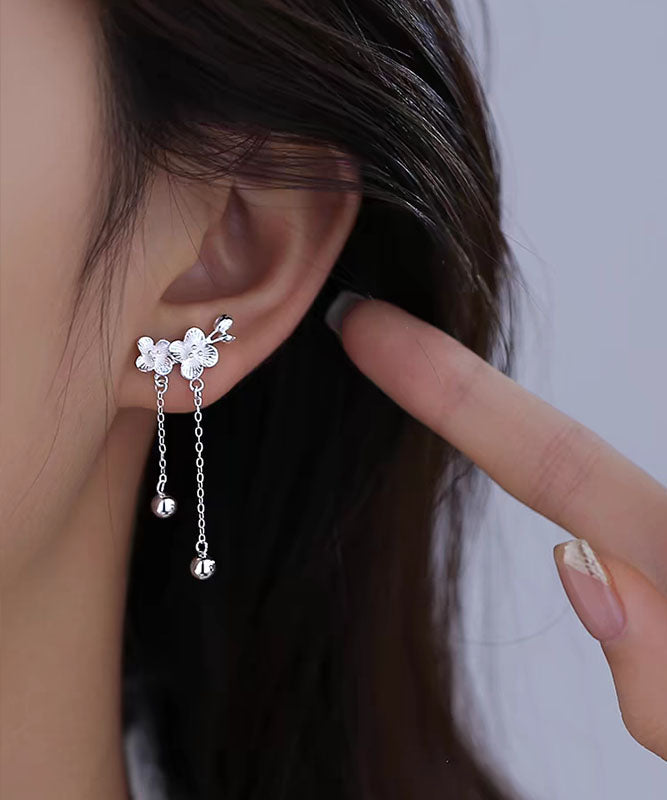 White Sterling Silver Plum Blossom Tassel Drop Earrings