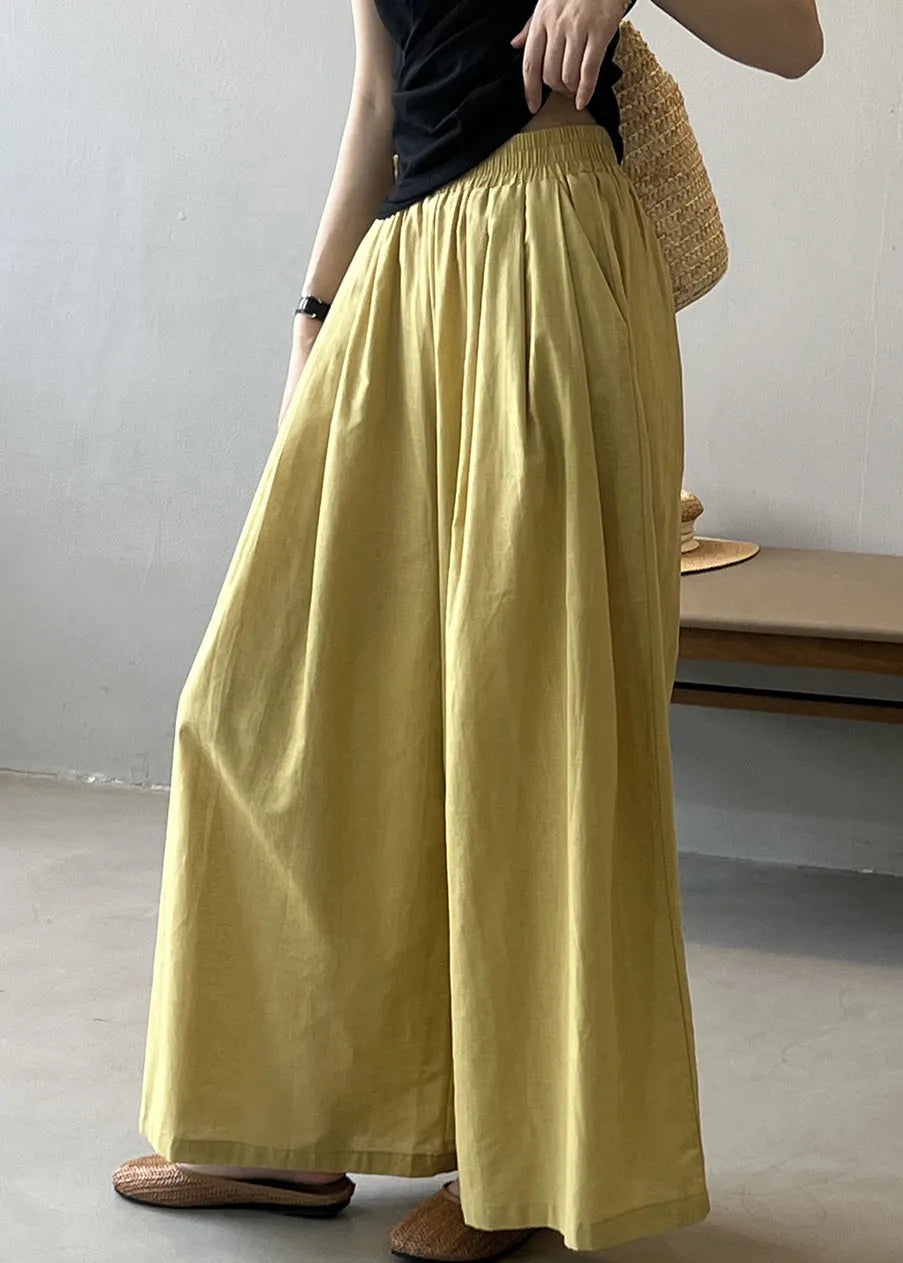 Yellow Pockets Cotton Wide Leg Pants Summer