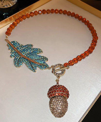 Coffee Alloy Zircon Crystal Leaves Pendant Necklace