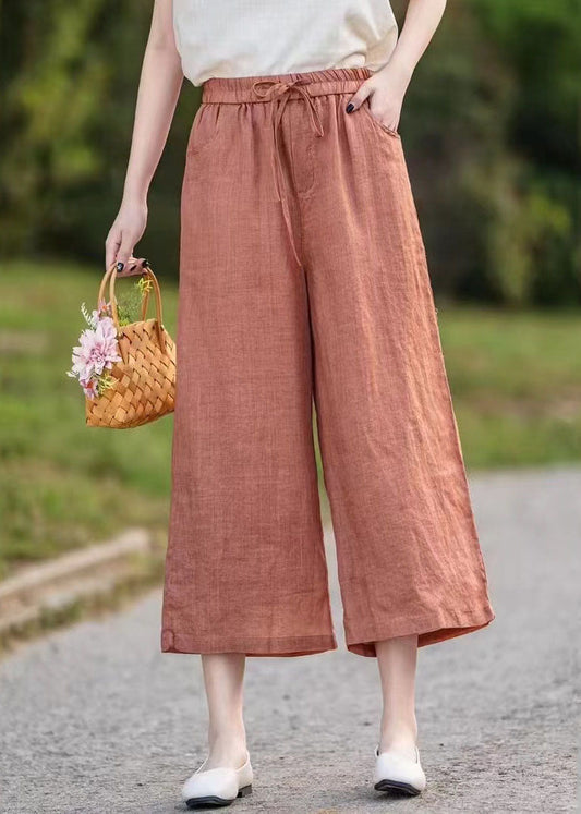 Orange Elastic Waist Linen Crop Pants Summer