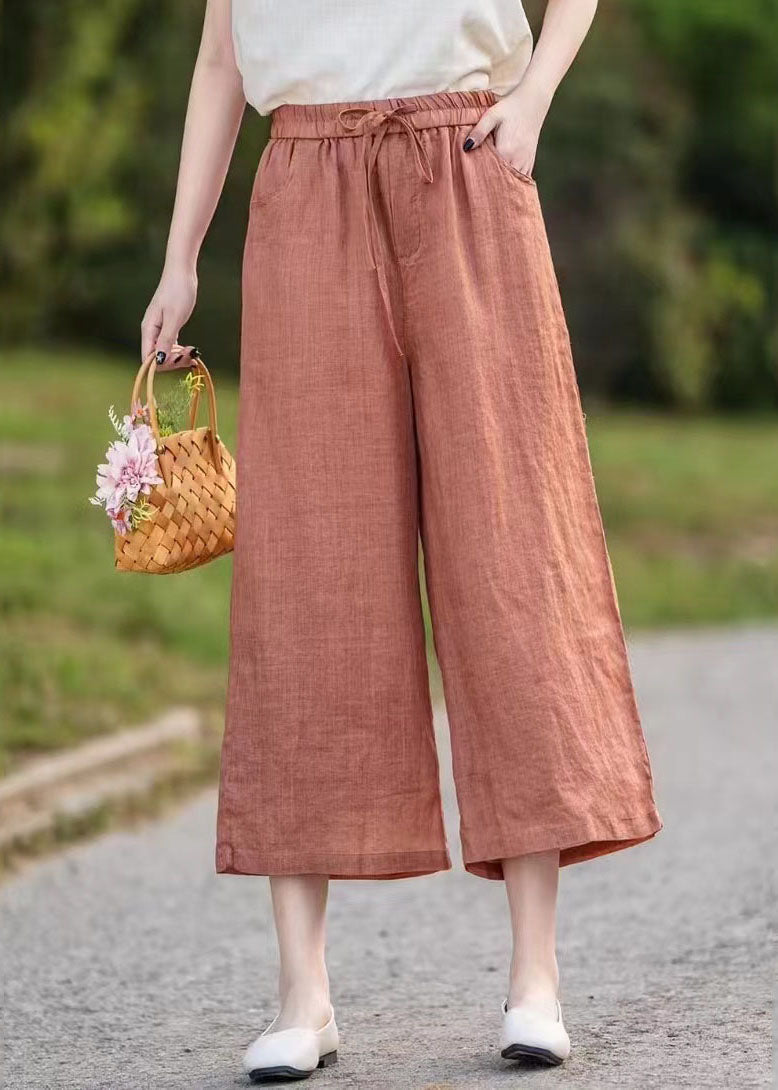 Orange Elastic Waist Linen Crop Pants Summer
