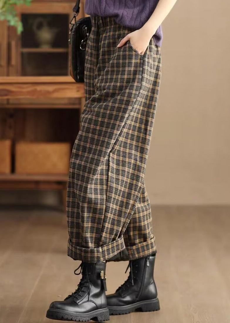 Pockets Plaid Elastic Waist Warm Fleece Trousers Spring