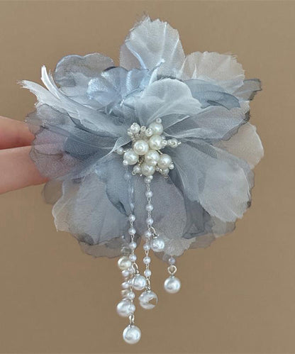 Gradient Color Blue Tulle Pearl Tassel Hairpin