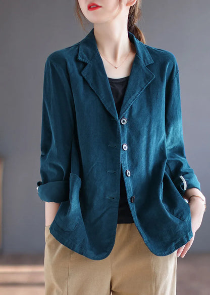 Blue Peterpan Collar Pockets Button Patchwork Fall Corduroy Coat