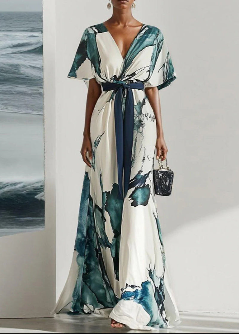 Classy V Neck Print Tie Waist Chiffon Dress Summer