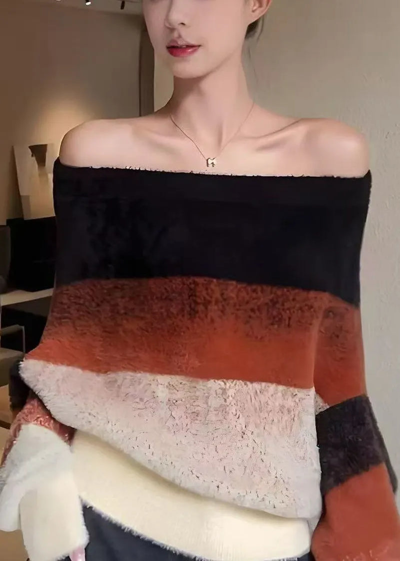 Stylish Slash Neck Striped Cozy Patchwork Knit Sweaters Winter