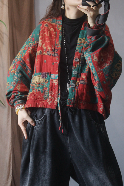 -new Doll Sleeve Linen Short Jacket Loose Print Cardigan