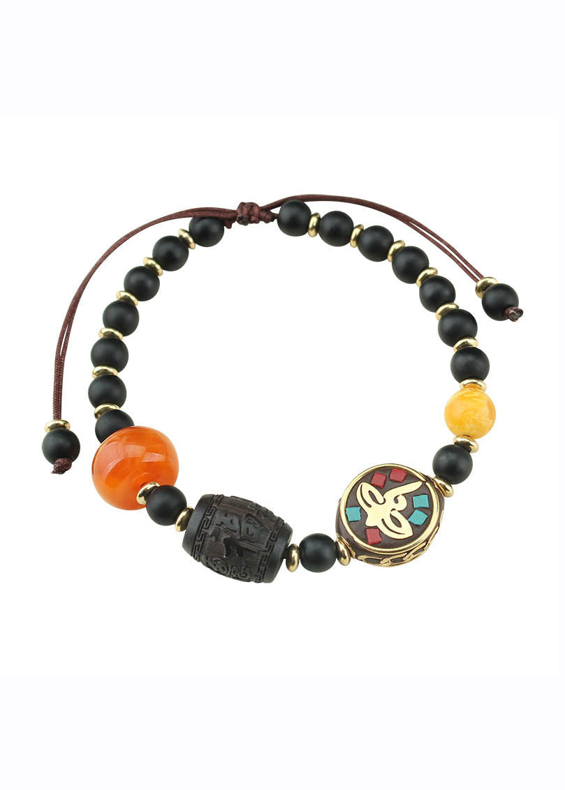 Black Coloured Glaze Pearl Beeswax Sandalwood Clover Charm Bracelet