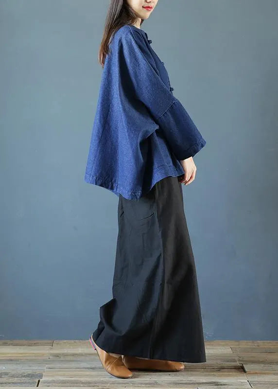Denim Dark Blue Clothes for Stand Collar Chinese Button Tunic Blouse