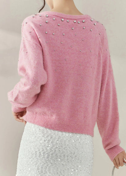 Pink O-neck Nail Bead Cozy Cotton Knit Sweater Fall