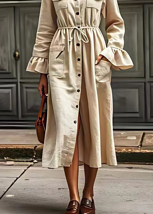 Beige V Neck Drawstring Pockets Cotton Dresses Long Sleeve