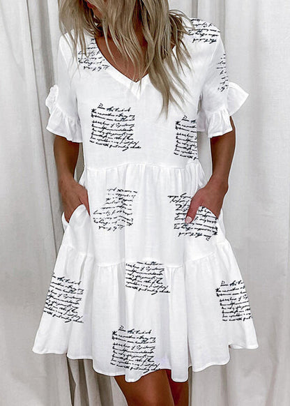 New V Neck Ruffled Butterfly Print Cotton Dress Summer