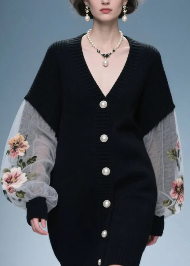 Loose Black V Neck Button Patchwork Knit Coat Fall