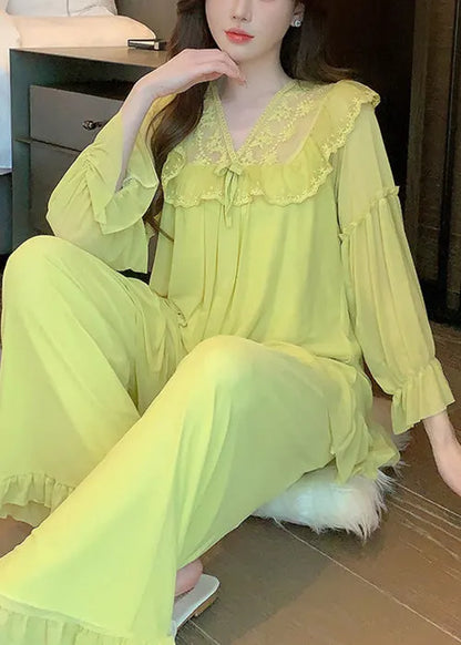 Green Square Collar Lace Up Tulle Pajamas Two Piece Suit Set Butterfly Sleeve
