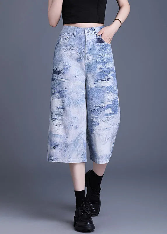 Blue Pockets Tie Dye Denim Crop Pants Summer