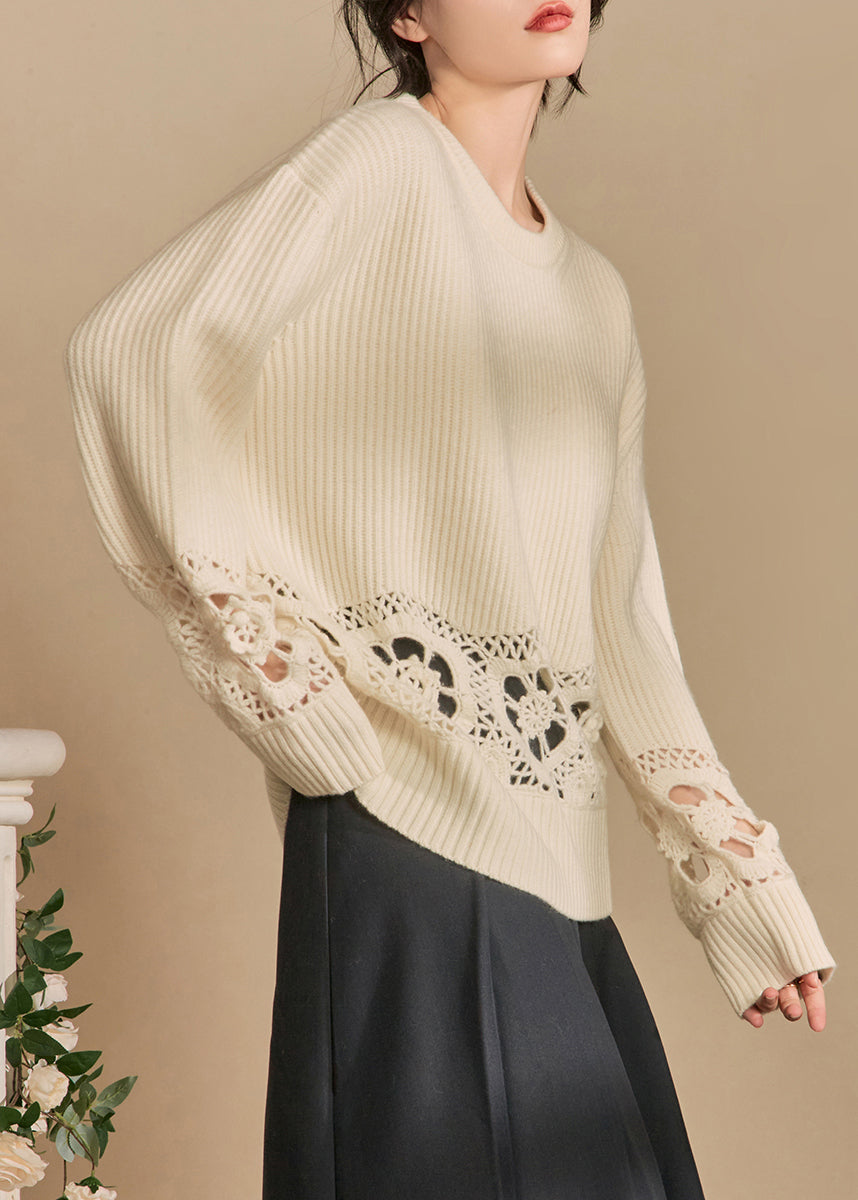 Loose Beige Hollow Out Knit Sweater Winter