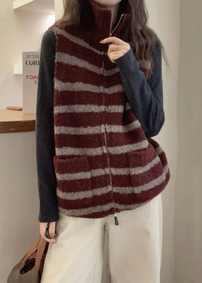 Red Pockets Patchwork Knit Sleeveless Waistcoat Zip Up