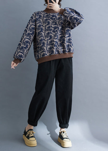 Navy Print Patchwork Warm Fleece Sweatshirt Top Spring