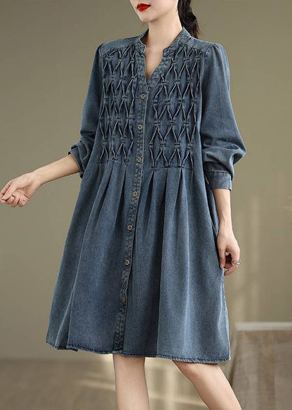 Blue Stand Collar Button Long Dress Lantern Sleeve