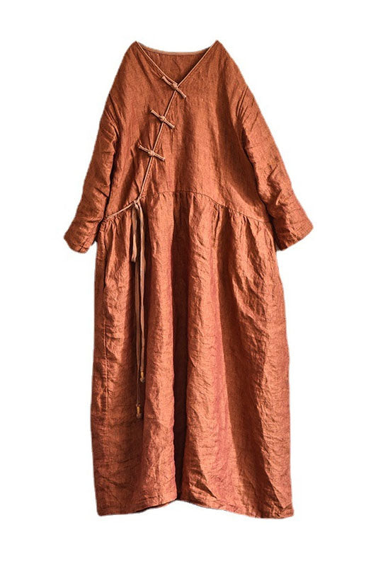 -spring Retro Linen Buckle Dress