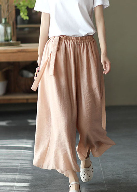 Style Light Pink Elastic Waist Tie Waist Wide Leg Pants Spring