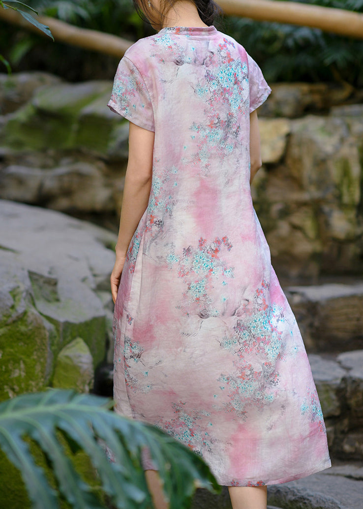 Retro Yellow Stand Collar Print Chinese Button Linen Dress Summer