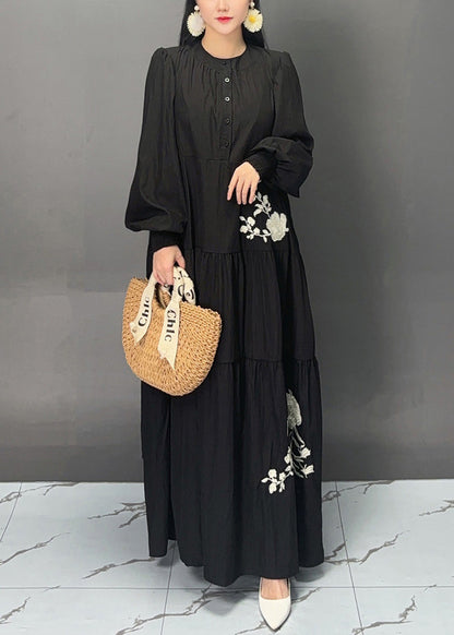 Beige Button Print Pockets Cotton Dresses Fall