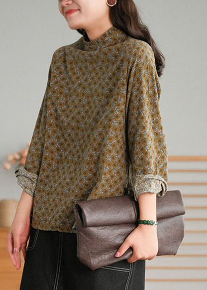 Italian Chocolate Stand Collar Button Ruffled Cotton Blouses Top Long Sleeve