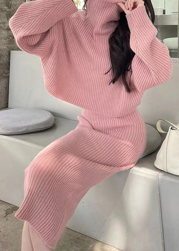 Pink Hign Neck Knit Two Pieces Set Winter