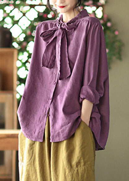 Purple Stand Collar Bow Button Linen Shirt Long Sleeve