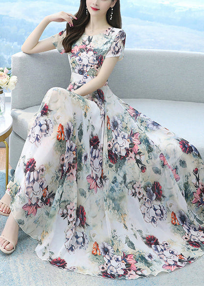 White Print Exra Large Hem Chiffon Vacation Dresses Summer