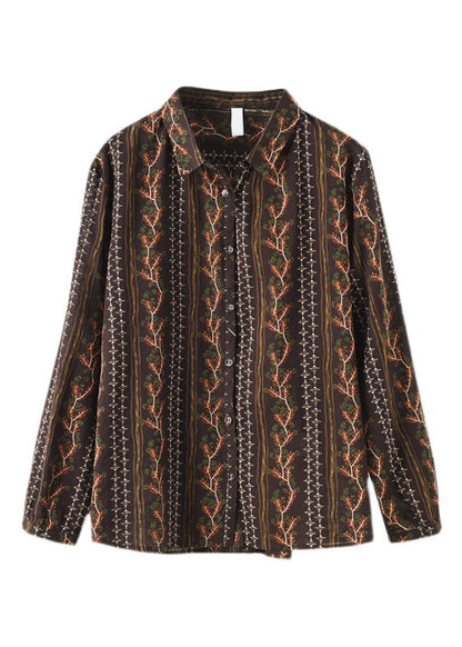 Stylish Chocolate Button Peter Pan Collar Print Shirts Spring