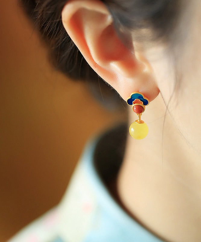 Yellow Sterling Silver Inlaid Auspicious Clouds Amber Stud Earrings
