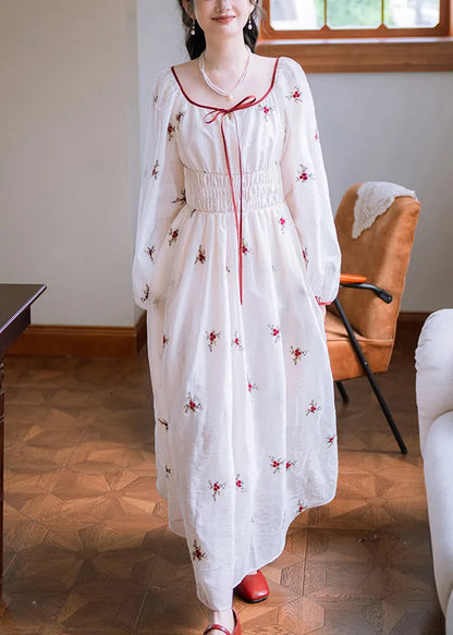 White Embroidered Elastic Waist Cotton Long Dresses Fall