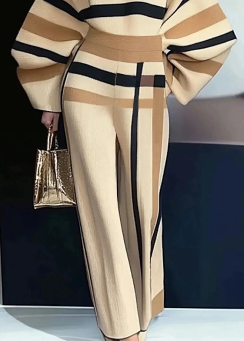 French Apricot Striped Sweaters and Pants Knit Two Pieces Set Spring