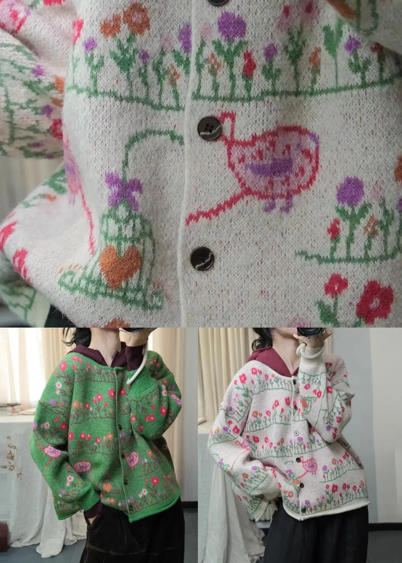 Apricot Print Knit Loose Cardigans O Neck Button Spring