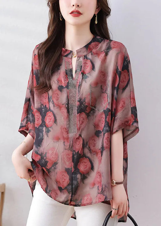 Loose Red Print Low High Design Button Silk Cotton Shirts Bracelet Sleeve