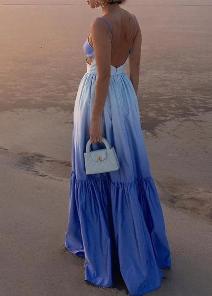 Blue Gradient Backless Wrinkled Cotton Spaghetti Strap Dress Summer