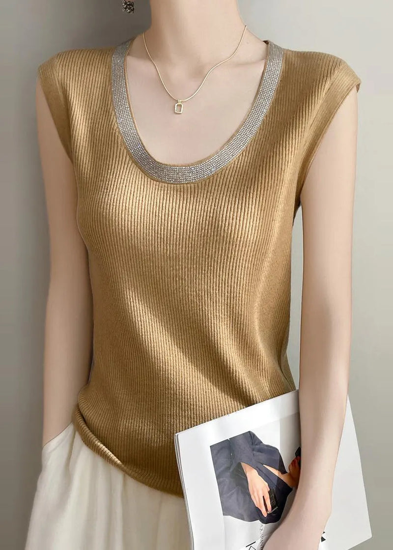 Yellow U Neck Patchwork Knit Tank Summer