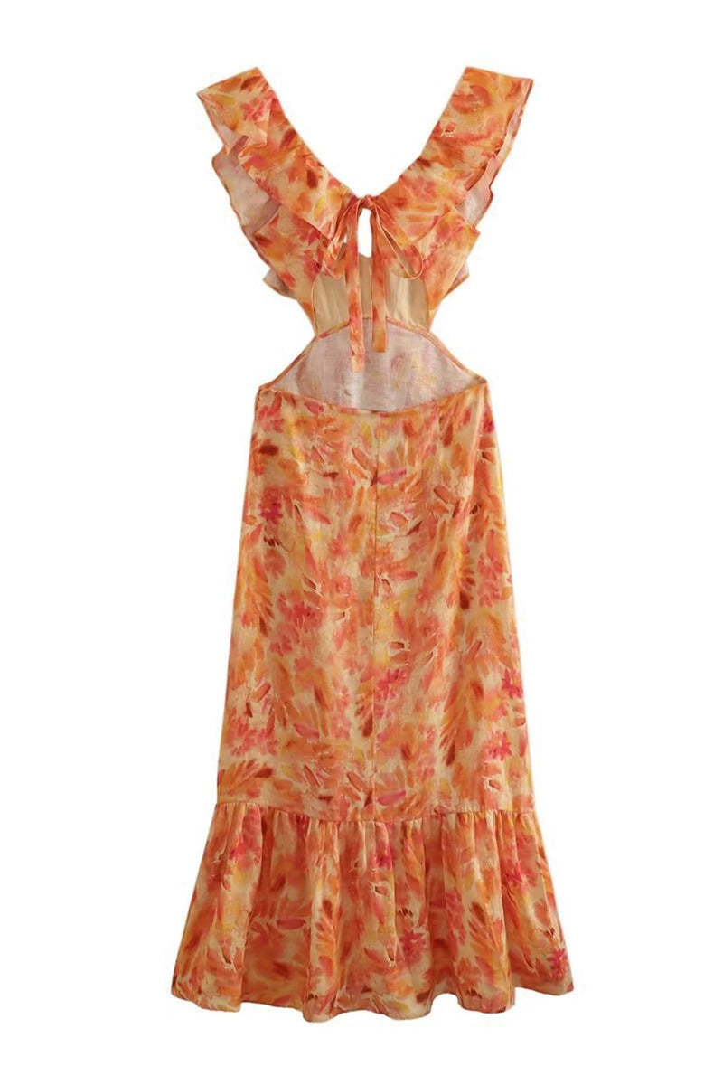 Ruffled Cutout Printed Lace Up Dress