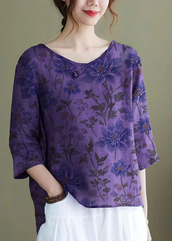 Diy Purple Embroideried Side Open Half Sleeve Top