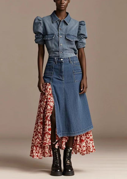 Blue Asymmetrical Patchwork Print Denim Skirt Spring