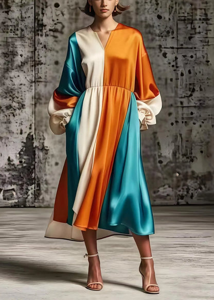 Orange Oversized Patchwork Silk Vacation Dresses Spring
