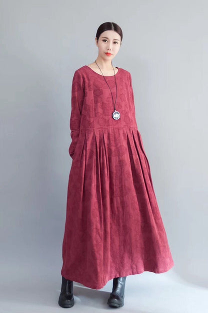 Flower Long Sleeve Maxi Dresses Outfits in Red