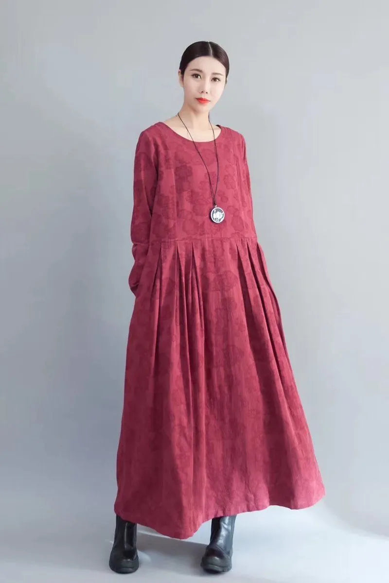 Flower Long Sleeve Maxi Dresses Outfits in Red