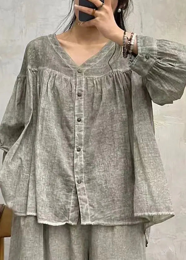 Grey Button Cotton Blouses V Neck Long Sleeve