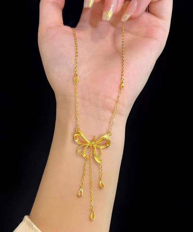 Gold Copper Overgild Bow Love Tassel Pendant Necklace